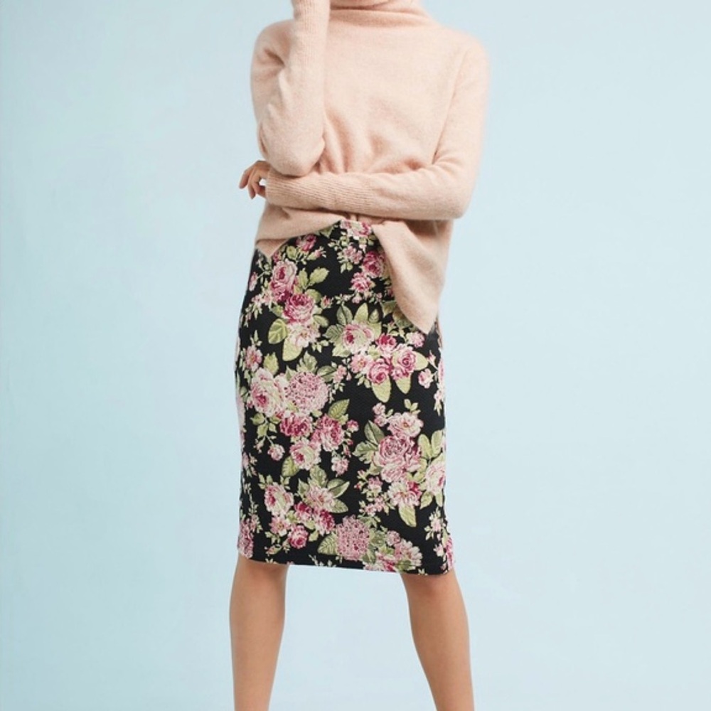 Maeve Black Floral Pencil Skirt with Pink & Green Blooms